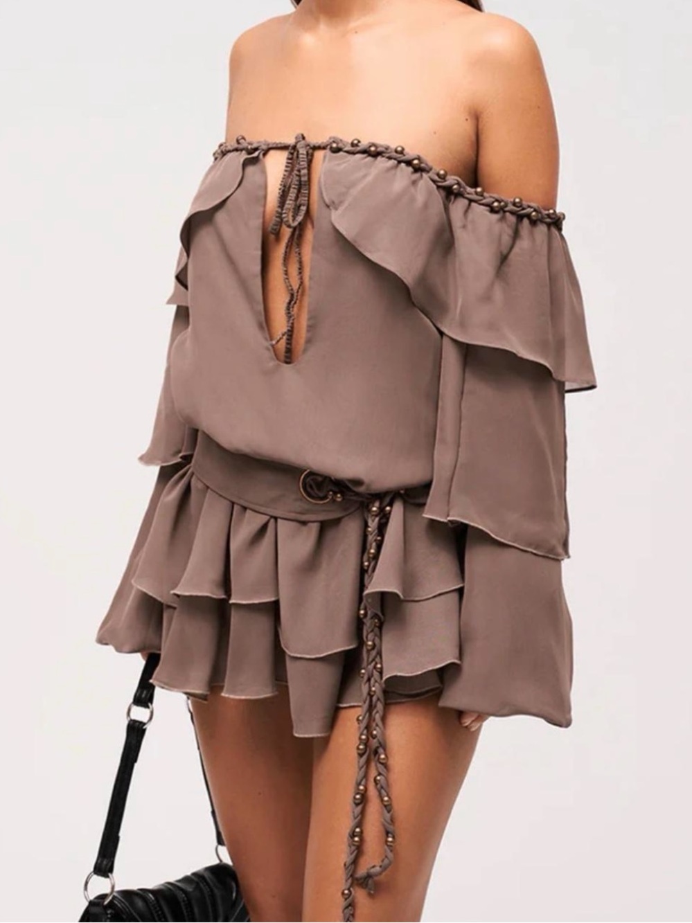 Murci Off-Shoulder Ruffle Tiered Dress in Taupe